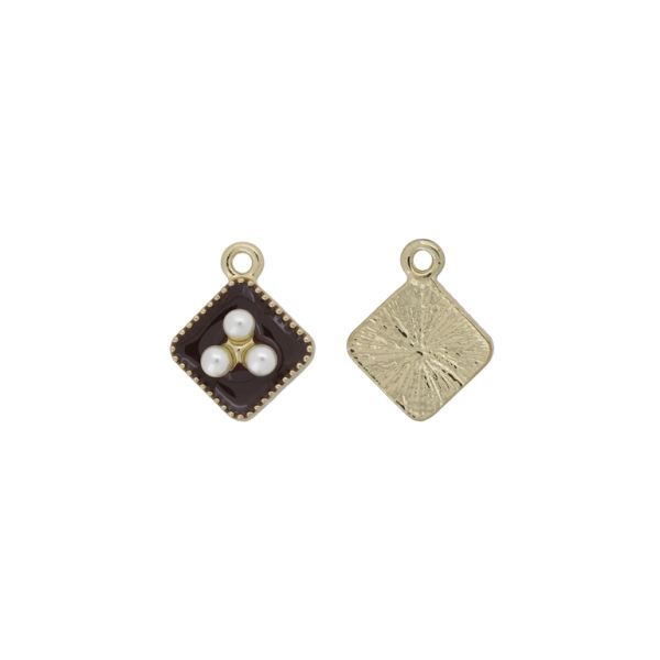 METAL BEADS WITH ENAMEL - PENDANT - RHOMBUS 05 PEARLS - 14x17x5mm GOLD-BROWN (DARK)-WHITE - PACKAGE 30pcs. Hole-1.8mm