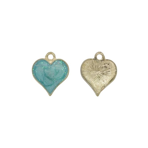 METAL BEADS WITH ENAMEL - PENDANT - HEART 32 GLITTER - 16x18x2mm GOLD-TURQUOISE - 3pcs. Hole-1.8mm