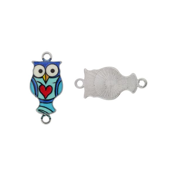 METAL BEADS WITH ENAMEL - CONNECTING ELEMENT WITH 2 RINGS - OWL 09 - 26x12x2mm NICKEL-TURQUOISE-BLUE (DARK)-RED - 3pcs. Hole-2.0mm 