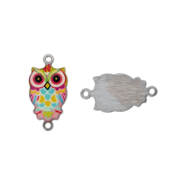 METAL BEADS WITH ENAMEL - CONNECTING ELEMENT WITH 2 RINGS - OWL 10 - 26x13x2mm NICKEL AND MIX - 3pcs. Hole-1.5mm