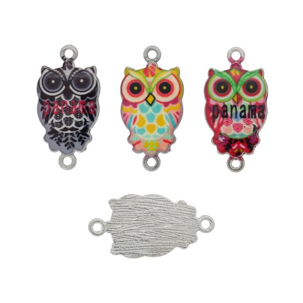 METAL BEADS WITH ENAMEL - CONNECTING ELEMENT WITH 2 RINGS - OWL MIX 01 - 26x13x2mm NICKEL AND MIX - PACKAGE 30pcs. Hole-1.6mm