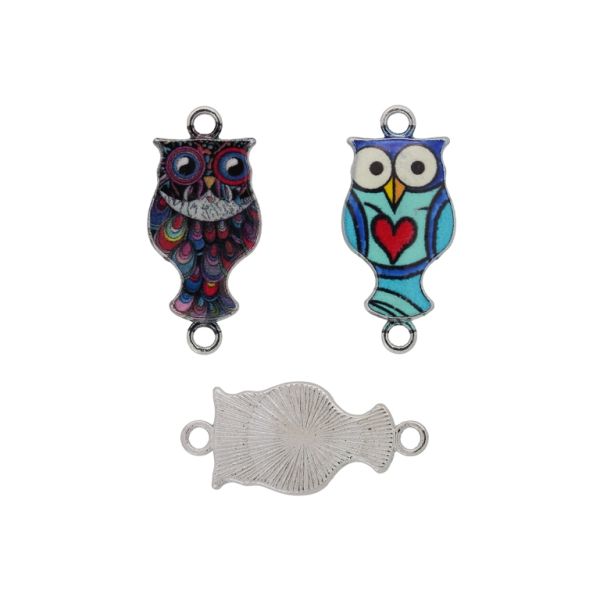 METAL BEADS WITH ENAMEL - CONNECTING ELEMENT WITH 2 RINGS - OWL MIX 02 -26x12x2mm NICKEL AND MIX - PACKAGE 30pcs. Hole-1.6mm