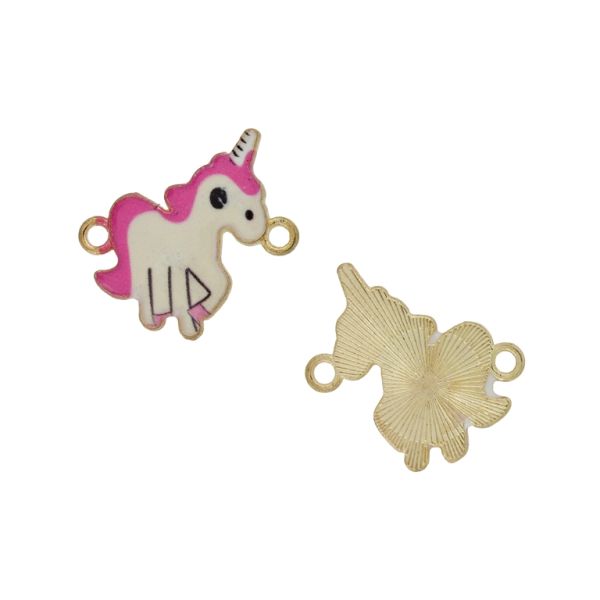 METAL BEADS WITH ENAMEL - CONNECTING ELEMENT WITH 2 RINGS - UNICORN 05 - 23x23x2mm GOLD (DARK)-ECRU (LIGHT)-PINK (DARK) - 3pcs. Hole-2.0mm