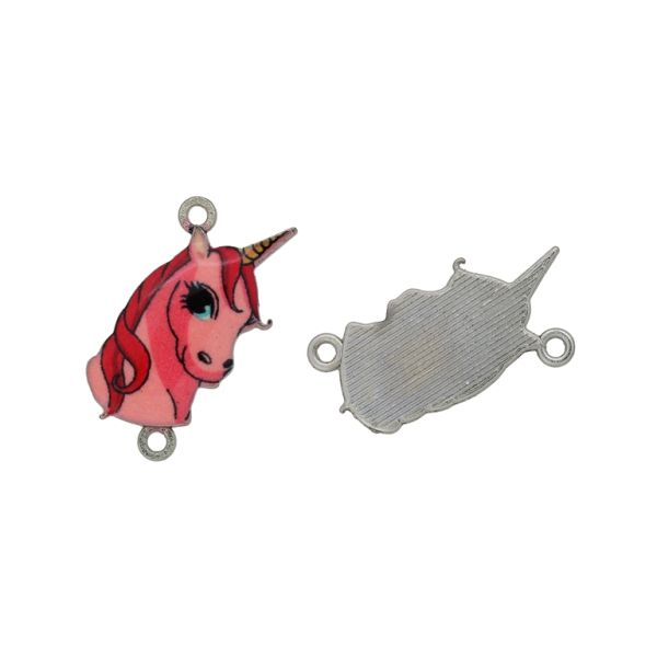 METAL BEADS WITH ENAMEL - CONNECTING ELEMENT WITH 2 RINGS - UNICORN 07 - 25x13x2mm NICKEL-PINK-RED - 3pcs. Hole-1.5mm 