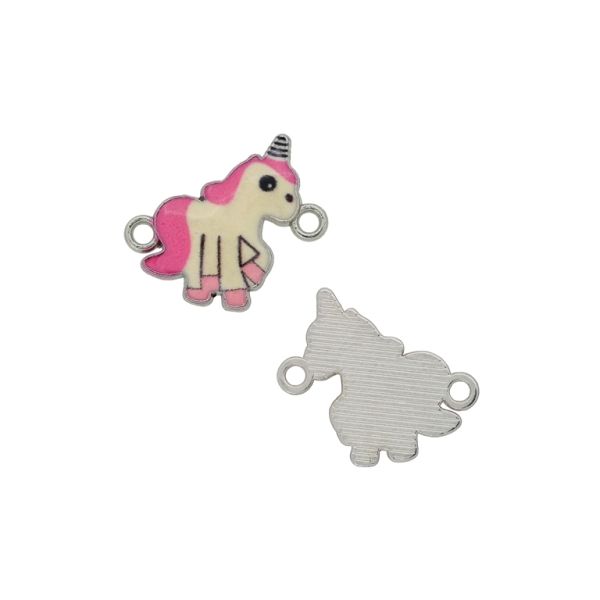METAL BEADS WITH ENAMEL - CONNECTING ELEMENT WITH 2 RINGS - UNICORN 09 - 21x18x2mm NICKEL-ECRU-PINK (DARK) - PACKAGE 30pcs. Hole-1.8mm