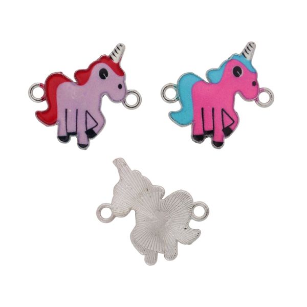 METAL BEADS WITH ENAMEL - CONNECTING ELEMENT WITH 2 RINGS - UNICORN MIX 02 - 23x22x2mm NICKEL AND MIX - PACKAGE 30pcs. Hole-2.0mm