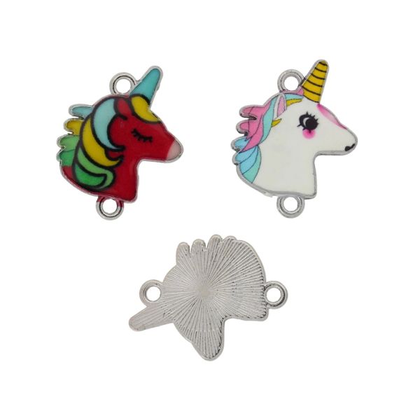 METAL BEADS WITH ENAMEL - CONNECTING ELEMENT WITH 2 RINGS - UNICORN MIX 03 - 24x22x2mm NICKEL AND MIX - 3pcs. Hole-2.0mm