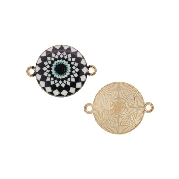 METAL BEADS WITH ENAMEL - CONNECTING ELEMENT WITH 2 RINGS - CIRCLE WITH MANDALA 02 - 24x18x2mm GOLD (DARK)-WHITE-BLACK - PACKAGE 30pcs. Hole-1.6mm
