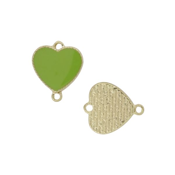 METAL BEADS WITH ENAMEL - CONNECTING ELEMENT WITH 2 RINGS - HEART 31 - 22x18x4mm GOLD-GREEN (LIGHT) - 3pcs. Hole-2.0mm