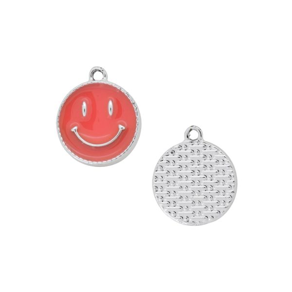 METAL BEADS WITH ENAMEL - PENDANT - SMILEY FACE EMOJI 05 - 18x21x3mm SILVER-PEACH - PACKAGE 30pcs. Hole-1.8mm 