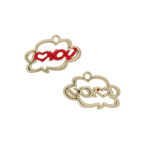 METAL BEADS WITH ENAMEL - PENDANT - CLOUD LOVE YOU 01 - 25x16x2mm GOLD-RED - PACKAGE 30pcs. Hole-1.8mm 