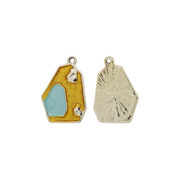 METAL BEADS WITH ENAMEL - PENDANT - IRREGULAR SHAPE TILE 01 - 16x23x1.5mm GOLD-YELLOW (DARK)-TURQUOISE (LIGHT) - 3pcs. Hole-1.5mm 