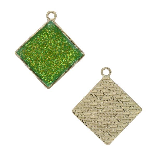 METAL BEADS WITH ENAMEL - PENDANT - RHOMBUS 06 GLITTER - 28x31x3mm GOLD-GREEN - PACKAGE 20pcs. Hole-2.0mm