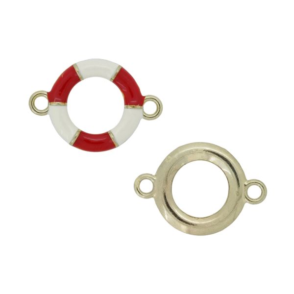METAL BEADS WITH ENAMEL - CONNECTING ELEMENT WITH 2 RINGS - LIFE RING 01 - 28x20x3mm GOLD-RED-WHITE - 3pcs. Hole-2.5mm
