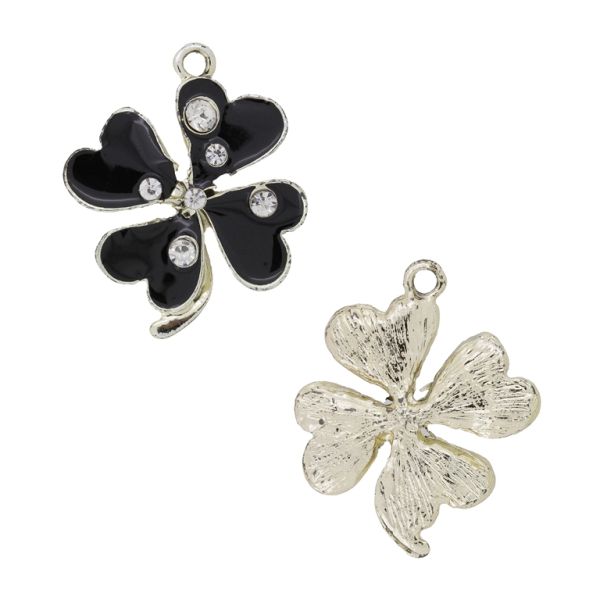 METAL BEADS WITH ENAMEL AND CRYSTALS - PENDANT - CLOVER 04 - 25x31x3mm GOLD (LIGHT)-BLACK - PACKAGE 20pcs. Hole-2.2mm