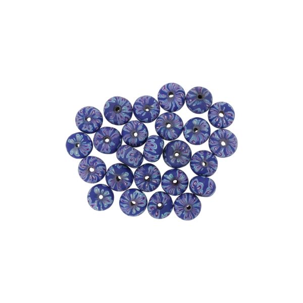 POLYMER CLAY FIMO BEADS - BALL FLAT - FLOWER 05 - 6x10mm BLUE (DARK)-BLUE-CYCLAMEN (DARK) - PACKAGE 500pcs. Hole-1.8mm