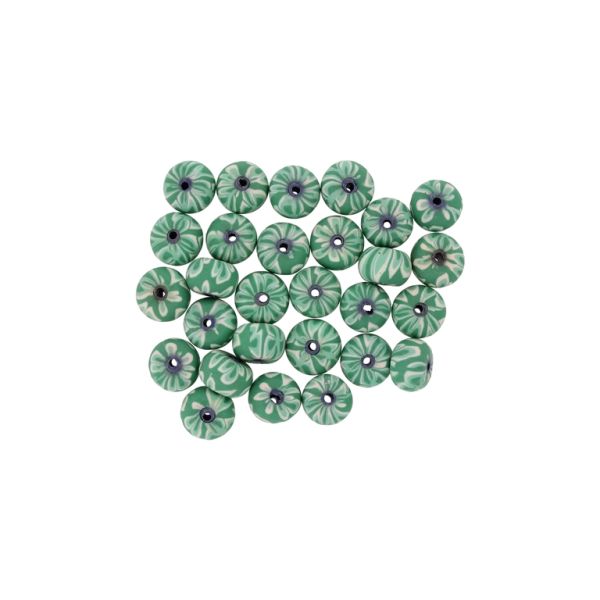 POLYMER CLAY FIMO BEADS - BALL FLAT - FLOWER 06 - 6x10mm GREEN-GREEN (LIGHT)-ECRU - 50pcs. Hole-1.8mm