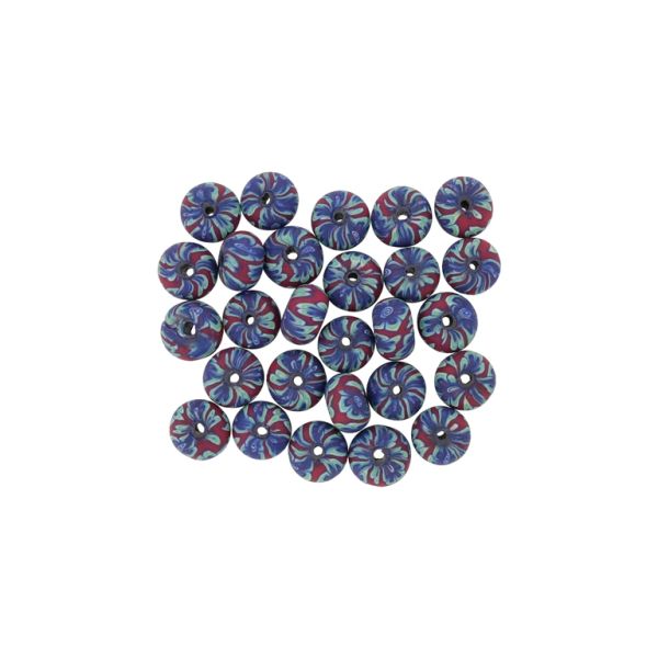 POLYMER CLAY FIMO BEADS - BALL FLAT - FLOWER 08 - 6x10mm RED (DARK)-BLUE (DARK)-GREEN (LIGHT) - 50pcs. Hole-1.8mm