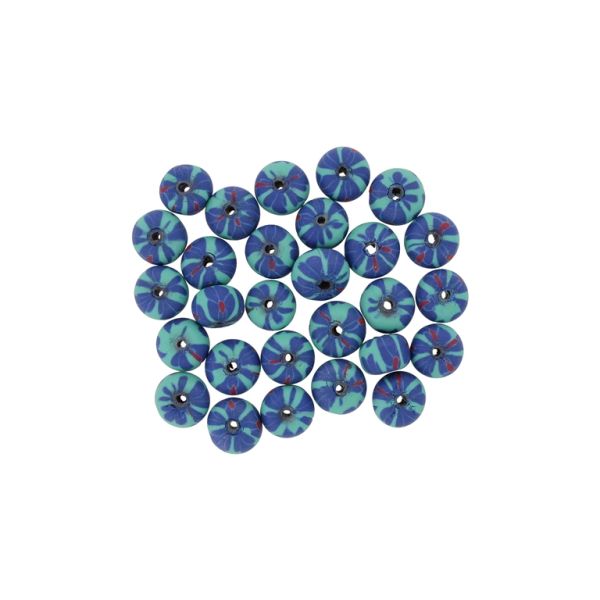 POLYMER CLAY FIMO BEADS - BALL FLAT - FLOWER 12 - 6x10mm TURQUOISE-BLUE (DARK)-RED - 50pcs. Hole-1.8mm