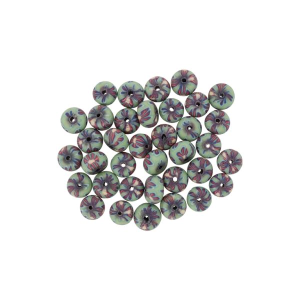 POLYMER CLAY FIMO BEADS - BALL FLAT - FLOWER 14 - 6x10mm GREEN (LIGHT)-RED-BLUE (DARK) - 50pcs. Hole-1.8mm
