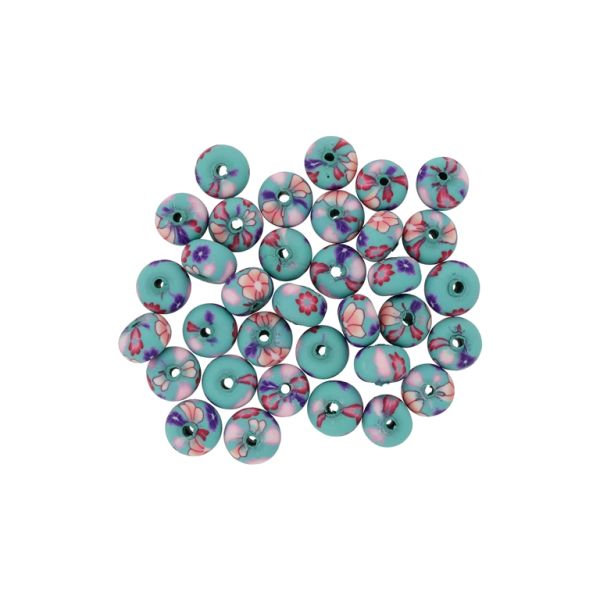 POLYMER CLAY FIMO BEADS - BALL FLAT - FLOWERS 03 - 6x10mm TURQUOISE-PURPLE-RED (LIGHT) - PACKAGE 500pcs. Hole-1.8mm