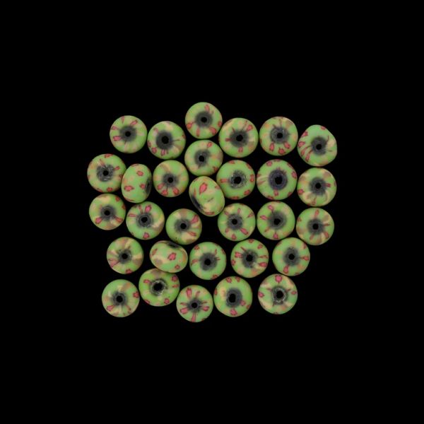 POLYMER CLAY FIMO BEADS - BALL FLAT - FLOWERS 06 - 6x10mm GREEN (LIGHT)-CYCLAMEN-ECRU - 50pcs. Hole-1.8mm