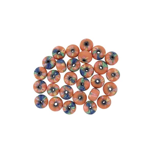 POLYMER CLAY FIMO BEADS - BALL FLAT - FLOWERS 07 - 6x10mm ORANGE-BLUE (DARK)-GREEN - PACKAGE 500pcs. Hole-1.8mm