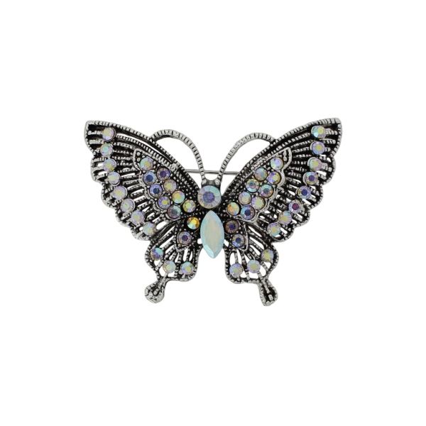 JEWELRY - BROOCH - METAL AND CRYSTALS - BUTTERFLY В219 - 5.4x3.8cm NICKEL-WHITE (АВ) - 1pc.