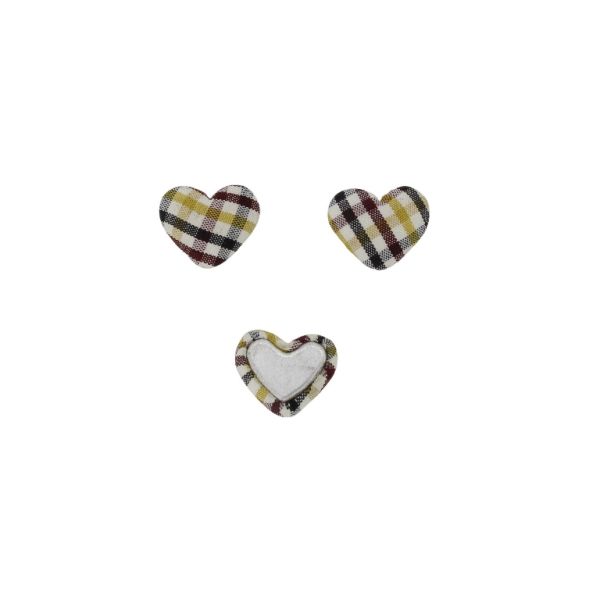 ADHESIVE BEADS - TEXTILE - HEART 227 - 14x17x6mm - COUNTRY CHECK PATTERN 01 - WHITE- YELLOW-BORDEAUX - 10pcs.