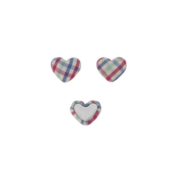 ADHESIVE BEADS - TEXTILE - HEART 230 - 14x17x6mm - COUNTRY CHECK PATTERN 01 - CYCLAMEN-BLUE (LIGHT)-BLUE (DARK) - 10pcs.