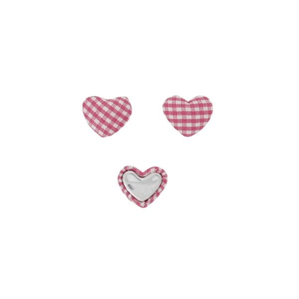 ADHESIVE BEADS - TEXTILE - HEART 234 - 14x17x6mm - COUNTRY CHECK PATTERN 01 - PINK (DARK) AND WHITE - PACKAGE 100pcs.