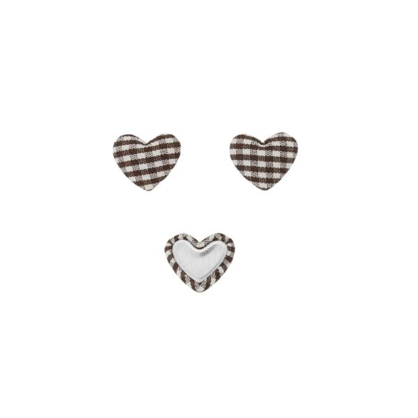 ADHESIVE BEADS - TEXTILE - HEART 235 - 14x17x6mm - COUNTRY CHECK PATTERN 01 - BROWN (LIGHT) AND WHITE - PACKAGE 100pcs.