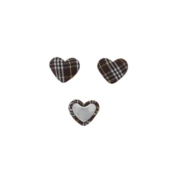 ADHESIVE BEADS - TEXTILE - HEART 237 - 14x17x6mm - COUNTRY CHECK PATTERN 02 - BROWN (DARK)-WHITE-YELLOW - 10pcs.