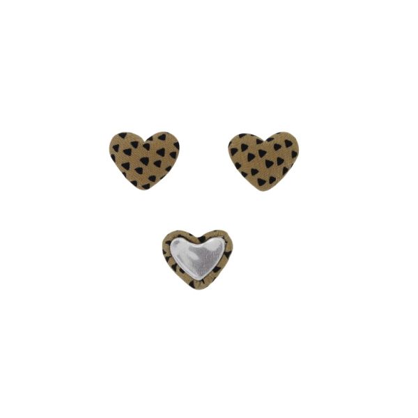 ADHESIVE BEADS - TEXTILE - HEART 240 - 14x17x6mm - TRIANGLES 01 - BEIGE (DARK) AND BLACK - 10pcs.