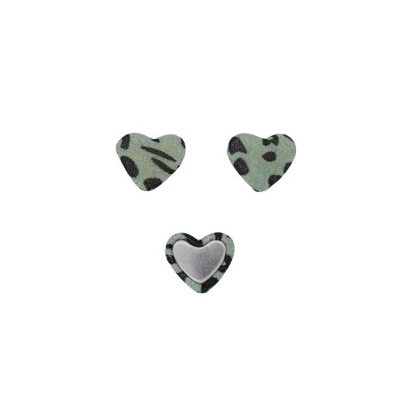 ADHESIVE BEADS - TEXTILE - HEART 244 - 14x17x6mm - LEOPARD PRINT 02 - TURQUOISE (LIGHT) AND BLACK - 10pcs.