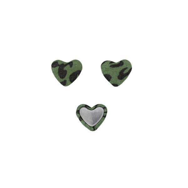 ADHESIVE BEADS - TEXTILE - HEART 245 - 14x17x6mm - LEOPARD PRINT 02 - GREEN AND BLACK - 10pcs.