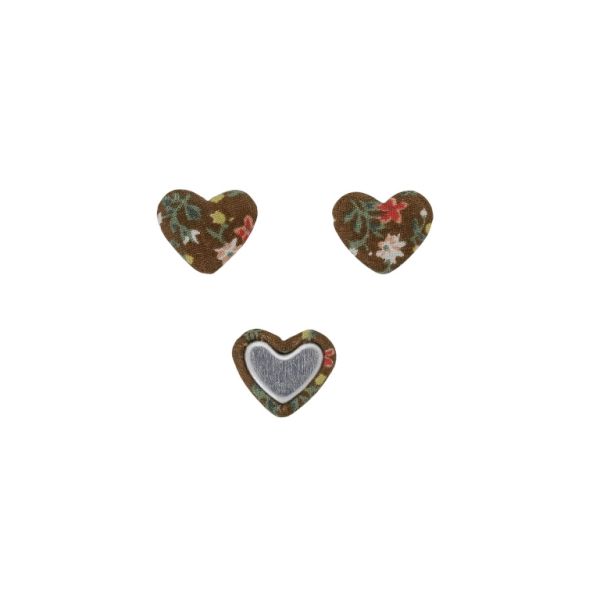 ADHESIVE BEADS - TEXTILE - HEART 265 - 14x17x6mm - FLOWERS 02 - BROWN AND CYCLAMEN - 10pcs.