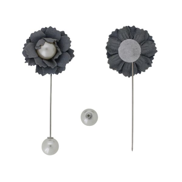 JEWELRY - BROOCH HANDMADE - METAL AND PEARLS - NEEDLE FLOWER В265 - 3.5x8.8cm NICKEL-GRAY-ECRU - 1pc.