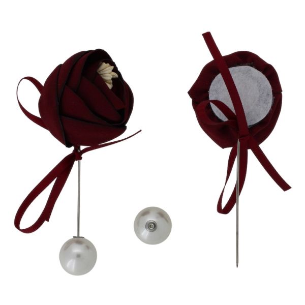 JEWELRY - BROOCH HANDMADE - METAL AND PEARLS - NEEDLE FLOWER В273 - 3.6x9.0cm NICKEL-BORDEAUX-ECRU - 1pc.