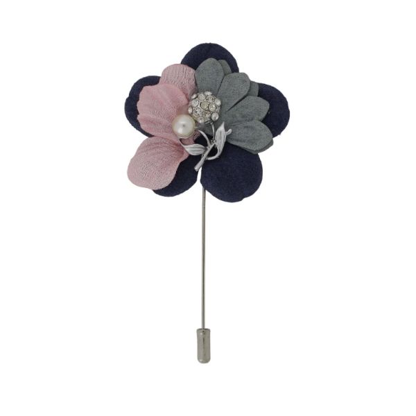 JEWELRY - BROOCH HANDMADE - METAL AND PEARLS - NEEDLE FLOWER В275 - 5.0x9.7cm NICKEL-BLUE (DARK)-PINK (LIGHT) - 1pc.