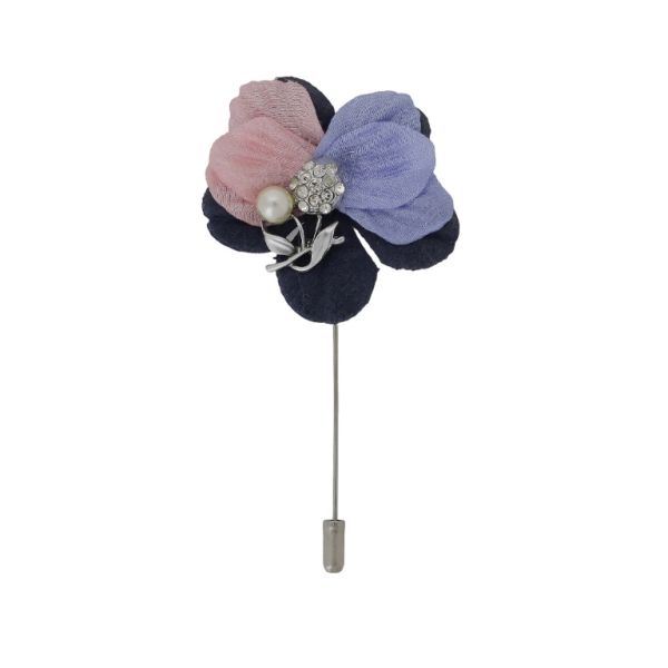 JEWELRY - BROOCH HANDMADE - METAL AND PEARLS - NEEDLE FLOWER В276 - 5.0x9.7cm NICKEL-BLUE-PINK (LIGHT) - 1pc.