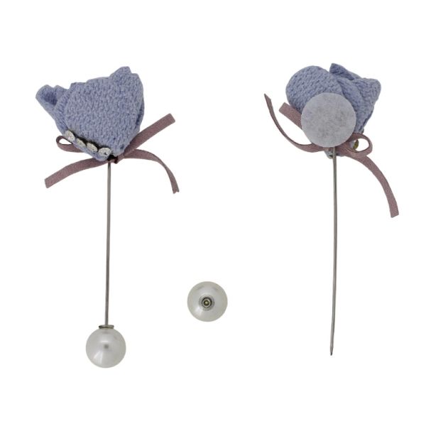 JEWELRY - BROOCH HANDMADE - METAL AND PEARLS - NEEDLE FLOWER В281 - 2.6x8.9cm NICKEL-BLUE (LIGHT)-ROSE DUST - 1pc.