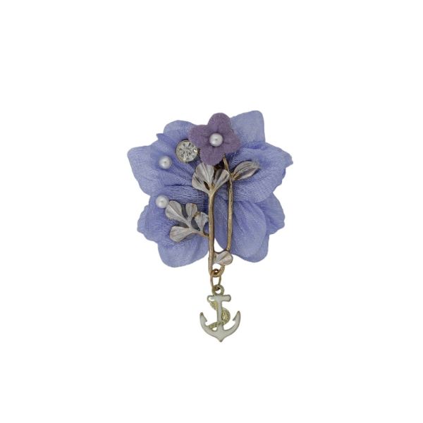 JEWELRY - BROOCH HANDMADE - METAL AND PEARLS - FLOWERS В283 - 5.0x6.8cm GOLD-BLUE-PURPLE - 1pc.