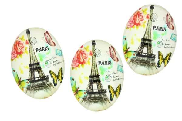 GLASS BEADS - CABOCHONS PATTERN - HALF OVAL ELLIPTIC  30х40mm - LANDMARKS - EIFFEL TOWER AND BUTTERFLIES - PACKAGE 10pcs.