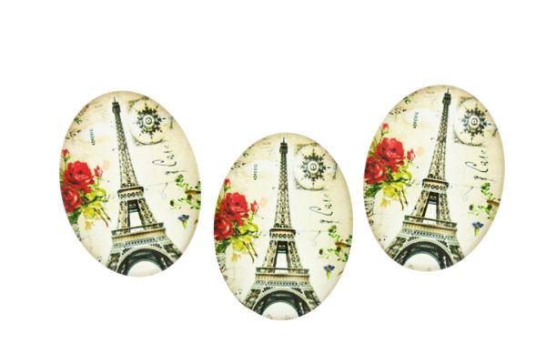 GLASS BEADS - CABOCHONS PATTERN - HALF OVAL ELLIPTIC  30х40mm - LANDMARKS - EIFFEL TOWER AND ROSES 03 - PACKAGE 10pcs.