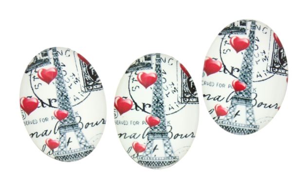 GLASS BEADS - CABOCHONS PATTERN - HALF OVAL ELLIPTIC  30х40mm - LANDMARKS - EIFFEL TOWER AND HEARTS 02 - PACKAGE 10pcs.
