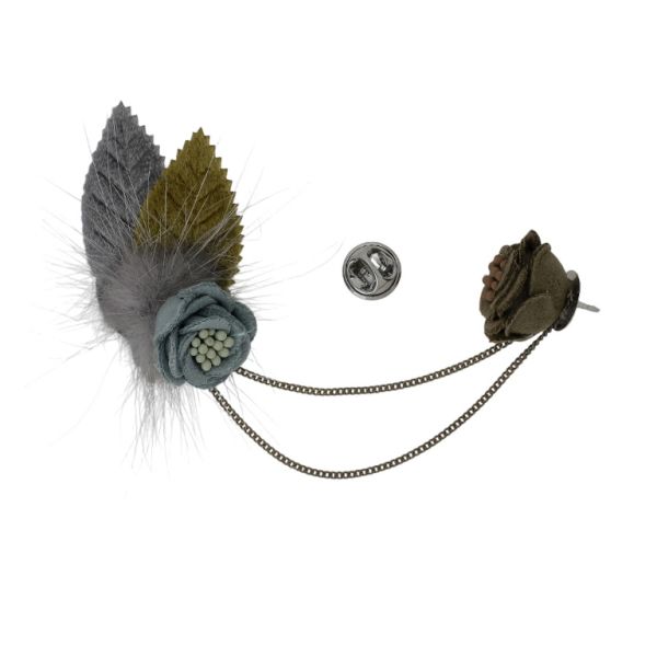 JEWELRY - BROOCH HANDMADE - METAL AND TEXTILE - FLOWERS В262 - 2.9x5.5cm NICKEL-GOLD-BLUE - 1pc.