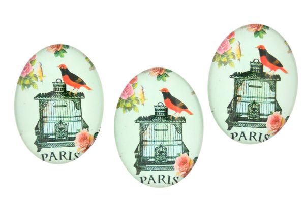 GLASS BEADS - CABOCHONS PATTERN - HALF OVAL ELLIPTIC  30х40mm - BIRD AND CAGE 02 - PACKAGE 10pcs.