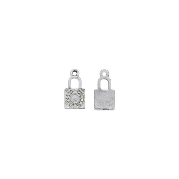 METAL BEADS - RHINESTONE HOLLOW ROUND BEADS - PENDANT - PADLOCK 01 - 9x19x2mm SILVER COLOR-WHITE - PACKAGE 30pcs. Hole-1.8mm