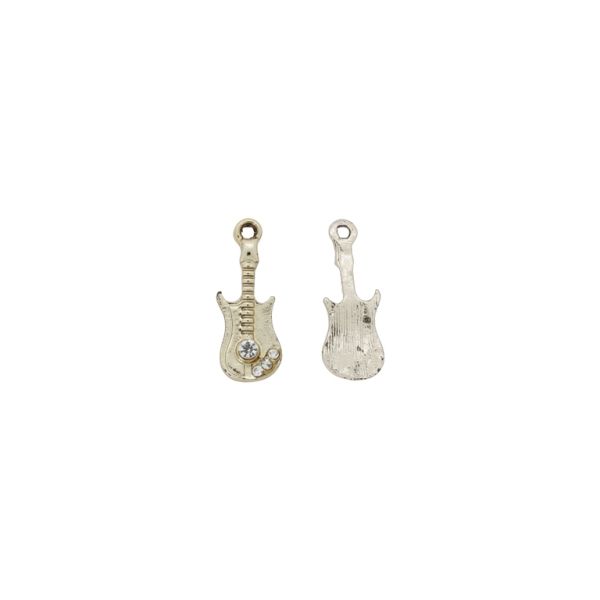 METAL BEADS - RHINESTONE HOLLOW ROUND BEADS - PENDANT - GUITAR 01 - 8x22x3mm GOLD COLOR-WHITE - 3pcs. Hole-1.6mm